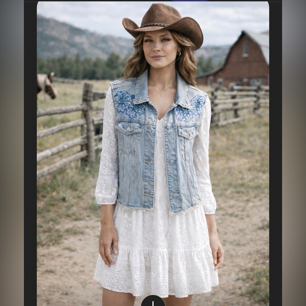Women's Blue Denim Vest with Floral Design